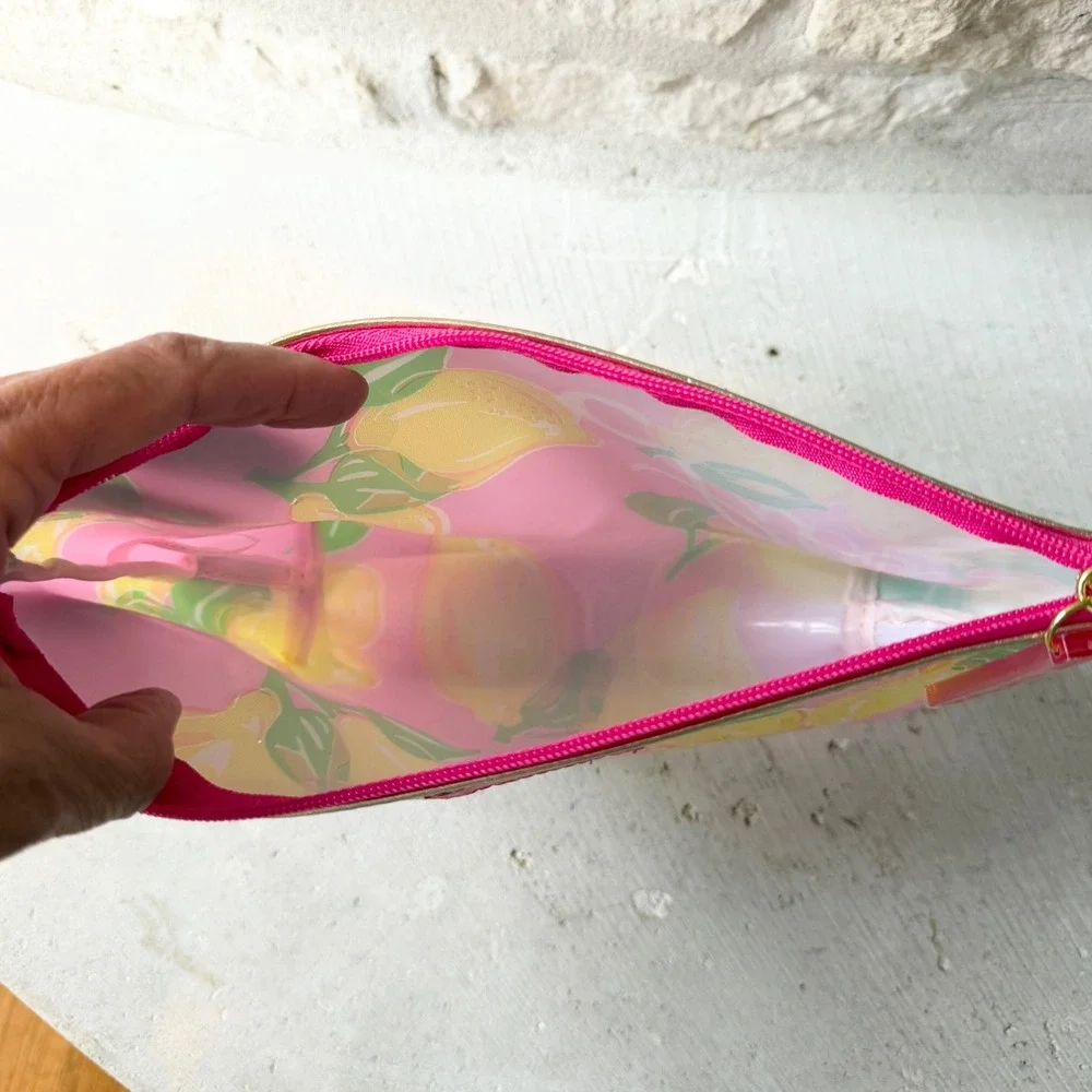 Lilly Pulitzer for Estee Lauder Pink Lemon Print Vinyl Cosmetic Makeup Bag Pouch